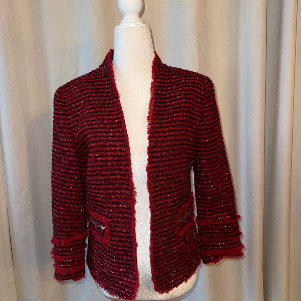 Ann Taylor Red and Black Tweed Open-Front Jacket